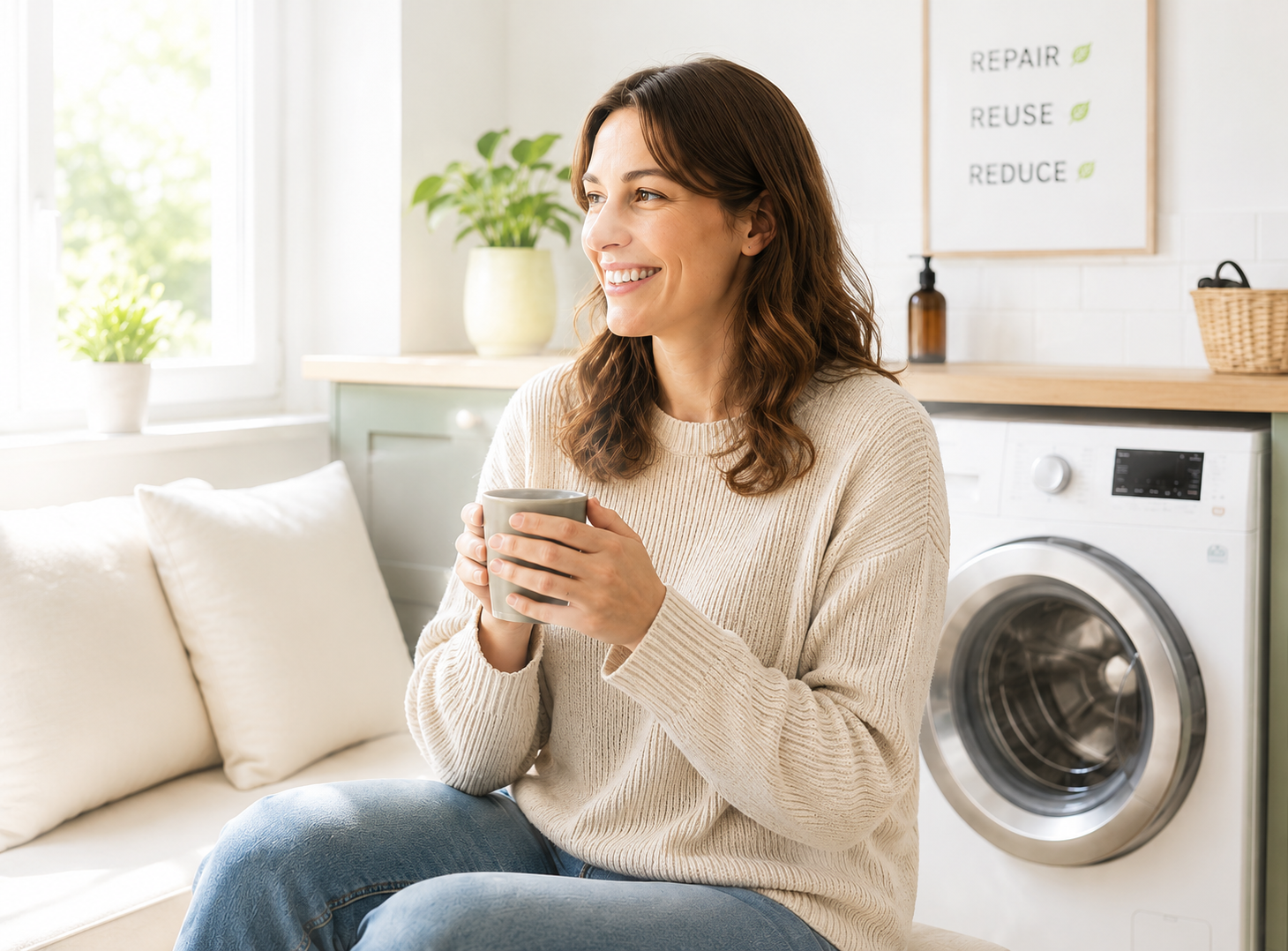Happy customer sitting by her repaired washing machine